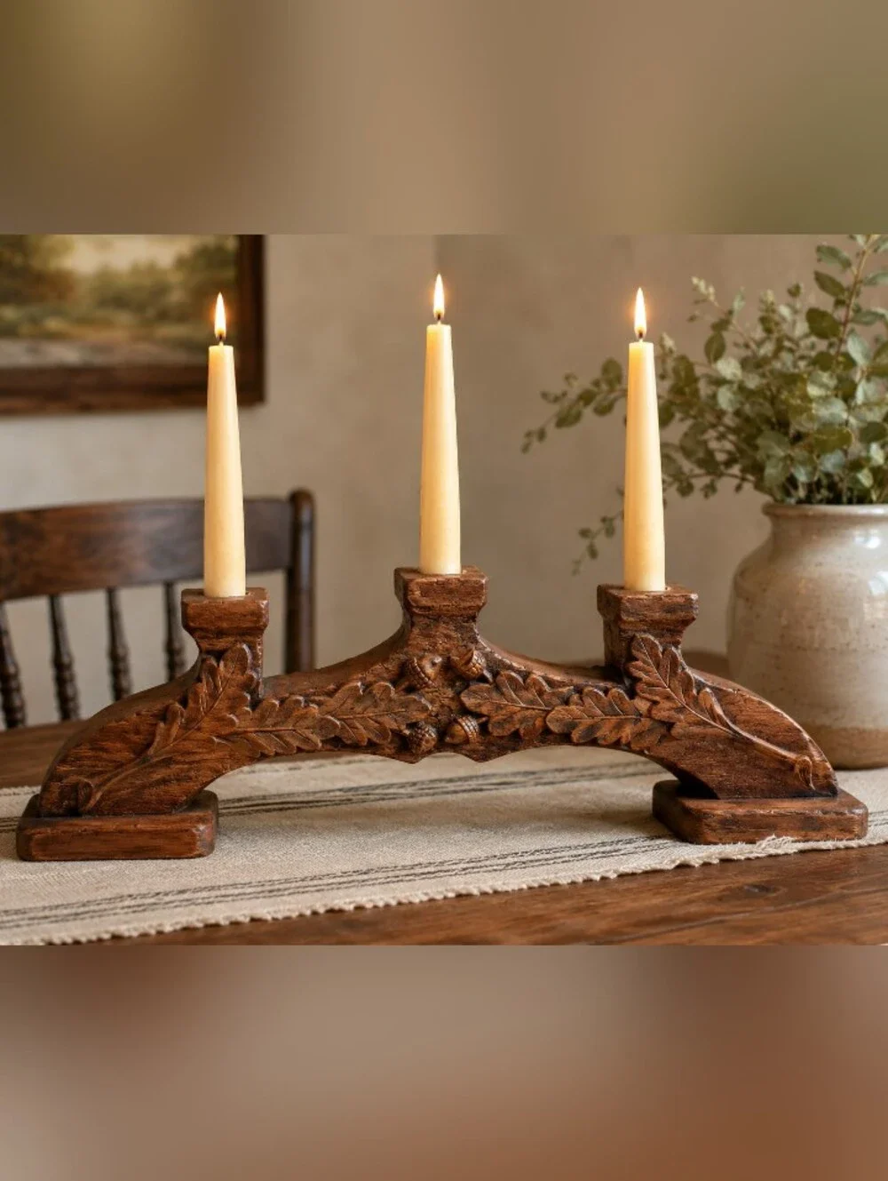 Hand Carved Solid Wood 3 Taper Candle Holder Oak Leaf & Acorn Rustic Centerpiece